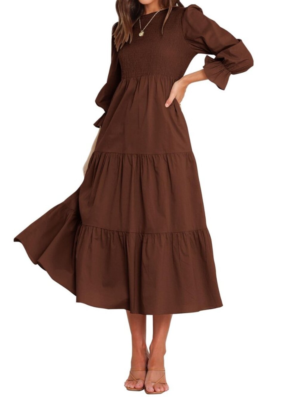 Women Casual Long Sleeve Crew Neck Fall Dress Bohemian Relaxed Fit Floral Flowy